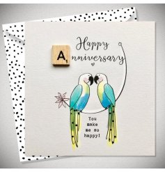 An anniversary card featuring a pair of lovebirds sat facing each other underneath 'Happy Anniversary' wording.