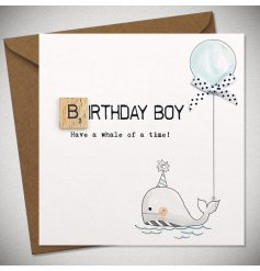 A greeting card wishing a boy happy birthday, featuring a whale with a balloon attached to its tail.