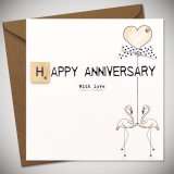 A cute anniversary card featuring two flamingos holding a balloon and a scrabble piece. 