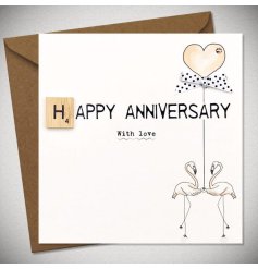 A cute anniversary card featuring two flamingos holding a balloon and a scrabble piece. 
