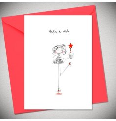 A greeting card ideal for a young girl. It has 'Make a wish' wording and a girl holding up a cupcake