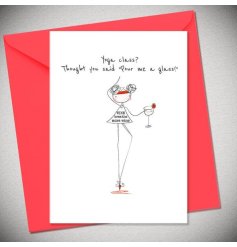 A fun greeting card with a illustration of a female doing yoga whilst holding a glass of wine.