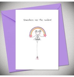 A cute greeting card featuring a girl holding a rainbow with 'Dare to Dream' written on her dress.