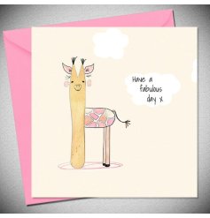 A unique giraffe greeting card in pink and cream tones.