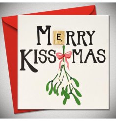 A romantic festive greeting card perfect for a partner. It has 'Merry Kissmas' wording and a mistletoe drawing.