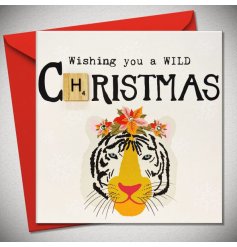 A tiger inspired Christmas card for a wild character. Featuring a beautifully illustrated tiger with a flower crown.