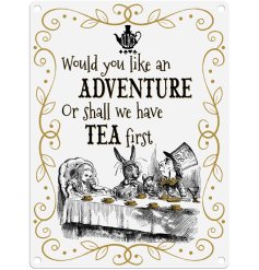 A retro style metal sign from Alice in Wonderland with three illustrated characters sat at the dining table.