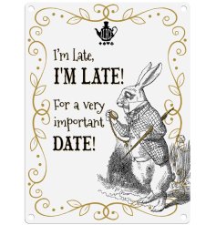A large metal sign featuring a rabbit holding a stopwatch from the popular Alice in Wonderland story. 