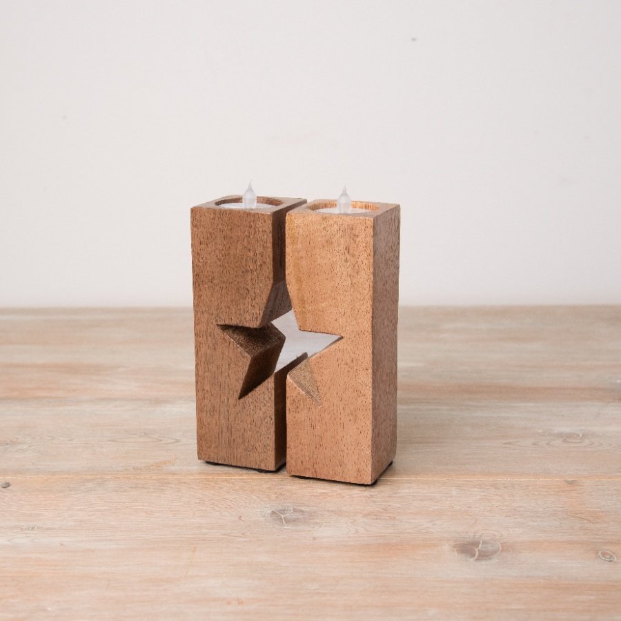 Twin Wooden T-Light Holder W/ Star Cut Out