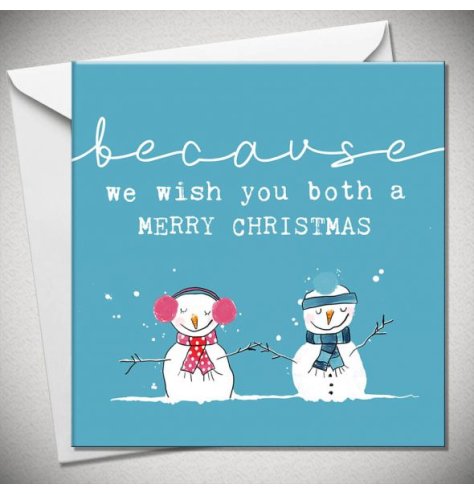 A cute Christmas card perfect for a couple. It details two snowmen cosied up together in the snow. 