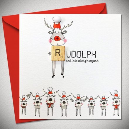 Rudolph And His Sleigh Squad Scrabble Card, 15cm