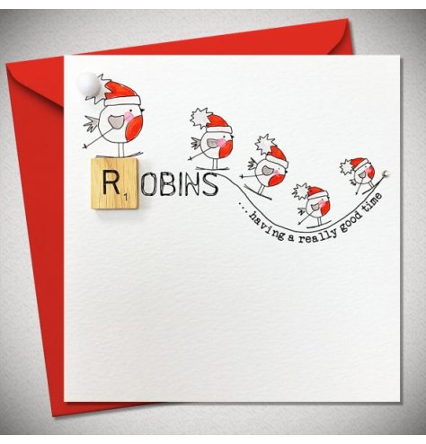 A traditional festive greeting card detailing Robins skiing all wearing festive hats.