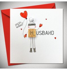Show him some love with this adorable festive greeting card. A husband illustration waving holding a heart balloon