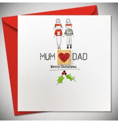 The perfect card for parents! Featuring a mum and dad holding hands wearing fluffy hats drawing.