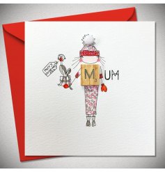 A cute Christmas card for a special mum. It has a mum illustration holding a wrapped gift with a robin perched ontop.
