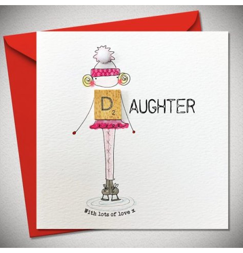 A Christmas greeting card for a special daughter. It details a girl ice skating wearing a pom pom hat and a pink costume