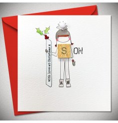 A cute festive greeting card for a son, featuring a boy wearing mittens holding a snowboard illustration.