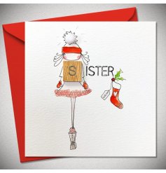 A cute Christmas card for a special sister. Featuring a girl stood on her tip toes wearing a festive hat.