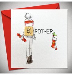 A modern design christmas card for a Brother. It details a scrabble piece, a small white pom pom and a cute illustration