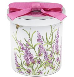 A floral lavender candle as part of the Bee - tanical range. Featuring a pink bow and chrome lid.