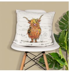 A cushion from the Bug Art range. Featuring Hamish the highland cow, a patchwork country animal.