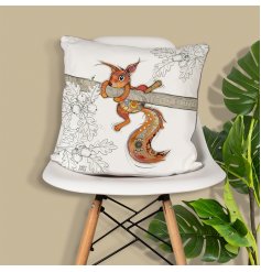 A countrystyle cushion from the Bug Art range. It features Sammie the squirrel, a patchwork character