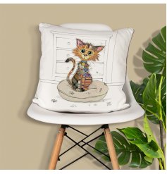 A charming cushion from the Bug Art range. Featuring Kimba the kitten sitting in a cat bed. 
