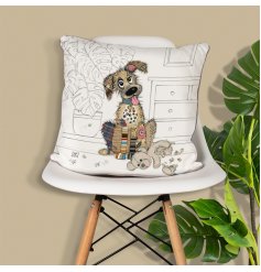 A cute cushion from the Bug Art range. It features a patchwork dog design sat with its tongue out