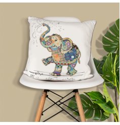 A quirky cushion from the bug art range. Featuring Eddie the elephant shooting water out of his trunk. 