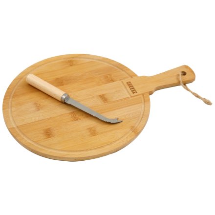 A bamboo circular tray with a rope handle and a knife.