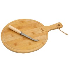 A bamboo circular tray with a rope handle and a knife.