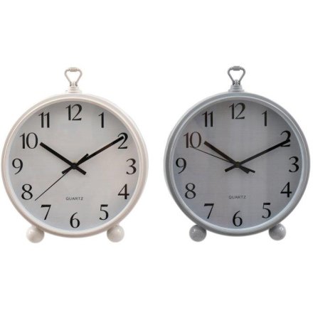 2 assorted clocks in taupe and grey colour tones, with a small loop at the top