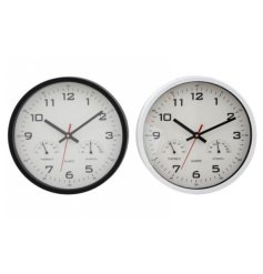 2 assorted academic clocks with an inbuilt thermometer and hygrometer gauge. 