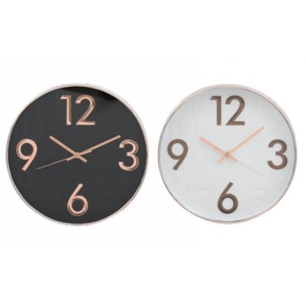 A wall clock with rose gold hands and numbers in 2 assorted designs. 