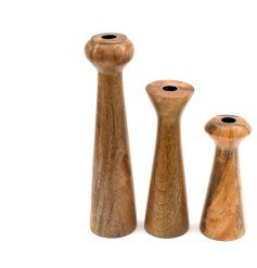 A 3 piece set of candle holders made from carved mango wood. 