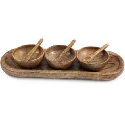 S/3 Wooden Bowls On Tray Set, 38cm
