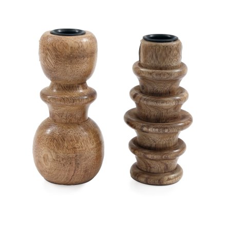 Wooden Ribbed Candle Holder, 12.5cm