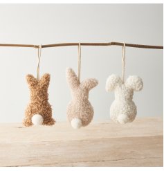 3 assorted natural and adorable hanging sherpa bunny decorations.