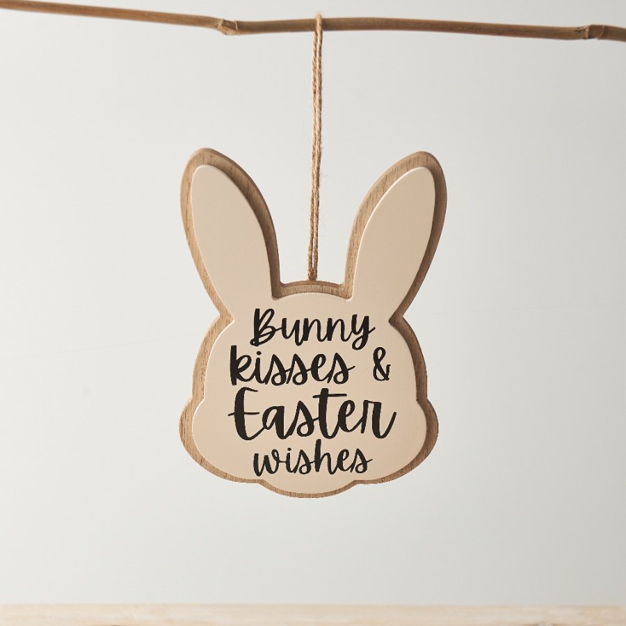 'Bunny kisses...' Wooden Bunny Hanger, 15cm