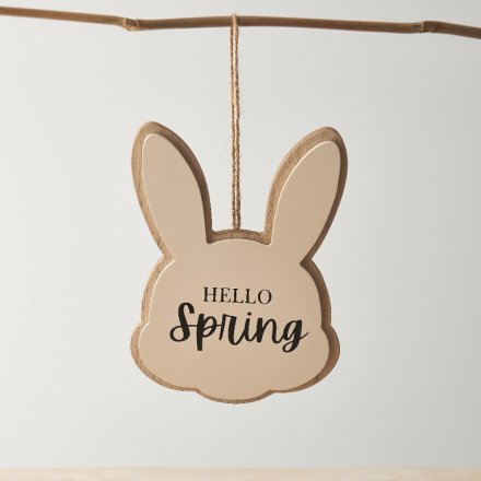 'Hello Spring' Wooden Bunny Hanger, 15cm