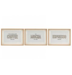 3 assorted coffee wall arts, perfect for hanging around the kitchen.
