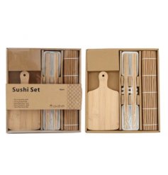 A natural tone bamboo sushi serving set, perfect for getting out when the guests arrive on an evening.