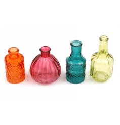 A beautiful set of 4 colourful posy vases. Each one has a different pattern moulded into the glass