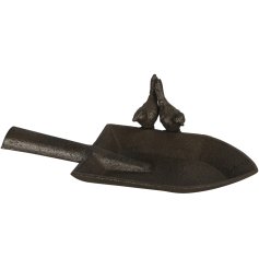A lovely rustic cast iron bird bath in a shovel design. This item can be placed anywhere in the garden