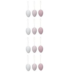 A lovely set of 12 hanging egg decorations in pastel pinks and purples. 