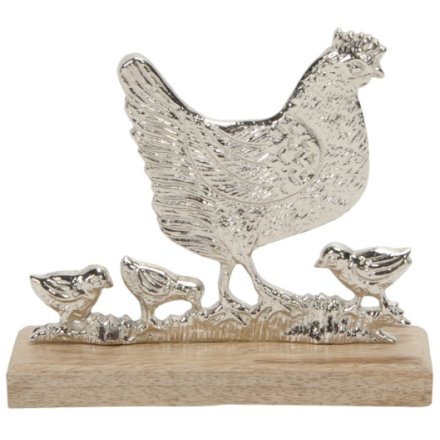 Aluminum Chickens on Wooden Base