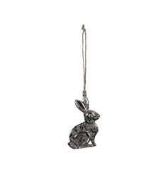 A silver hanging rabbit decoration with a hammered effect and jute string hanger.