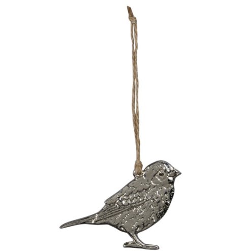 A rustic iron bird decoration with a hammered finish and jute string hanger. 