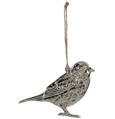 A charming silver robin decoration hung from jute string. 