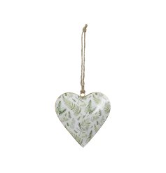 A charming hanging heart decoration in white with green fern decals.